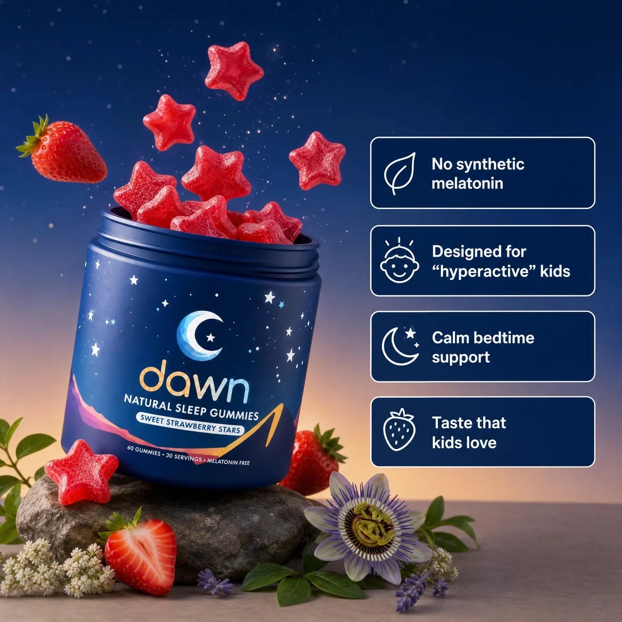 Dawn Natural Sleep Gummies jar with strawberry star gummies and bedtime support benefit callouts