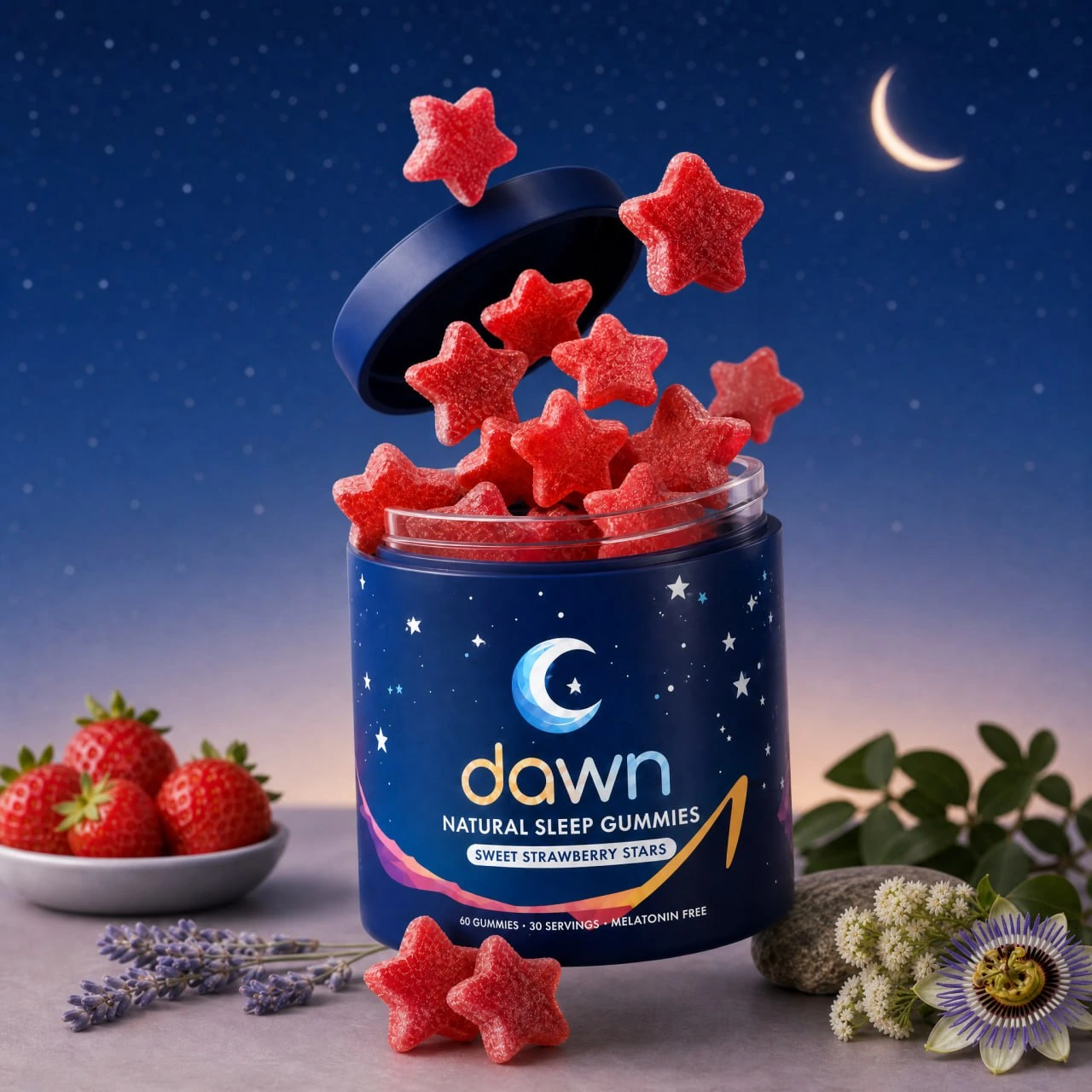 Dawn Natural Sleep Gummies jar with strawberry star gummies in a calming nighttime scene