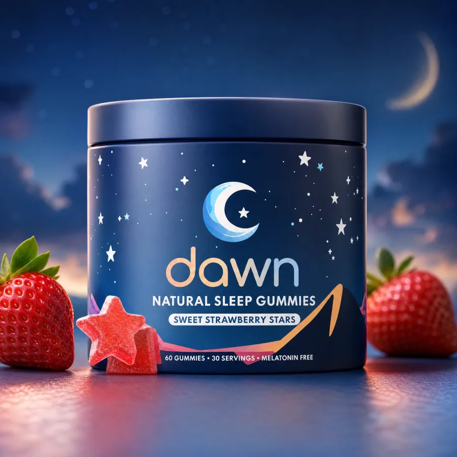 Dawn Sleep Gummies product jar with strawberry star gummies